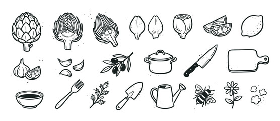 Collection of black and white doodle icons for cooking and gardening themes, including vegetables, fruits, kitchenware, and nature elements in a simple line art style