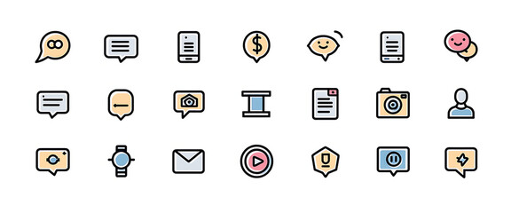 Collection twenty-one communication technology and media flat color line icons including chat speech bubbles messages email smartphone camera elements