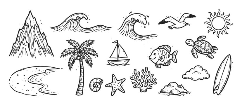 Hand drawn black and white doodle set of summer beach elements including a palm tree, ocean wave, sun, mountain, sea turtle, fish, and surfboard in a cute cartoon sketch style