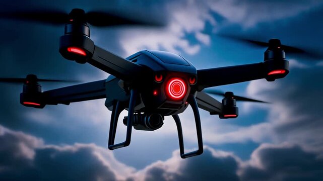 Drone shifting into stealth mode with rotating panels and red scanning eye pulsing, 4K loop