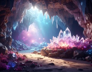A breathtaking landscape reveals a fantastical cave, illuminated by ethereal light and vibrant crystals. Majestic icicles hang from above