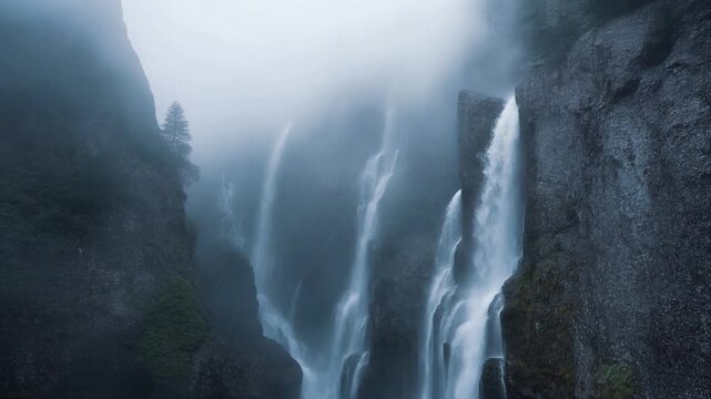 Fog drifting upward instead of downward, flowing like reverse waterfalls along rocky cliffs, 4K loop