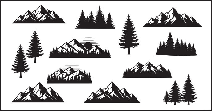 Wilderness outdoor adventure mountain and pine trees silhouettes collection vector