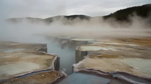 Fog layers splitting into block-like shapes due to thermal updrafts, geothermal landscape, 4K loop
