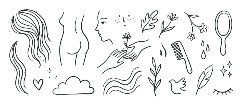 Set of hand-drawn line art icons for beauty and self-care, featuring a female silhouette, face, hair, hands holding a flower, comb, and mirror in a minimalist doodle style