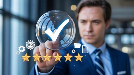 Businessman touching digital interface with ISO certification bubble and five stars for quality standards
