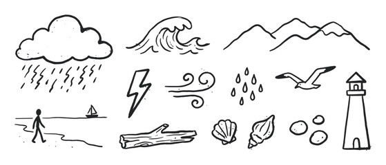 Set of hand-drawn black and white doodle icons featuring coastal and weather elements like a lighthouse, wave, cloud, and seagull in a simple sketch style illustration