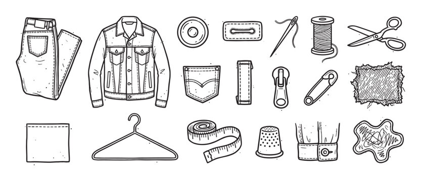 Collection of hand-drawn sewing and tailoring icons for denim repair, featuring jeans, a jacket, scissors, needle, and thread in a monochrome vintage sketch illustration style