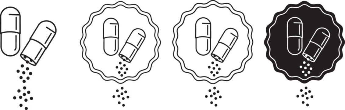 Pharmaceutical dose capsule medicine prescription spilling content icon set