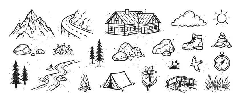 Hand-drawn set of camping and hiking illustrations in a black and white doodle style, featuring mountains, a cabin, a tent, a compass, and other nature elements for adventure themes