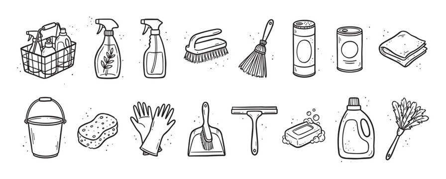 Collection of hand-drawn cleaning supplies icons including a bucket, sponge, gloves, spray bottle, and duster, illustrated in a simple black and white doodle line art style