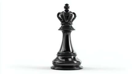 Black chess piece with a crown on top. The piece is sitting on a white background. Concept of power and authority, as the crown on the chess piece suggests that it is a king