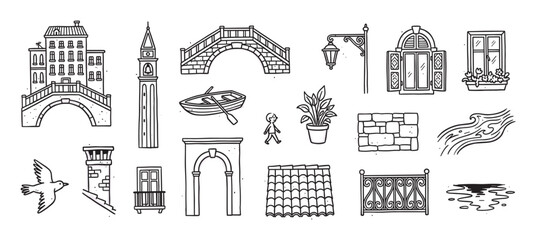Obraz premium Collection of hand-drawn doodle illustrations representing a charming European city with iconic architectural elements like a bridge, canal boat, bell tower, and windows