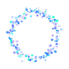 Circle of light blue and purple small flowers, delicate and ethereal, forming a whimsical frame