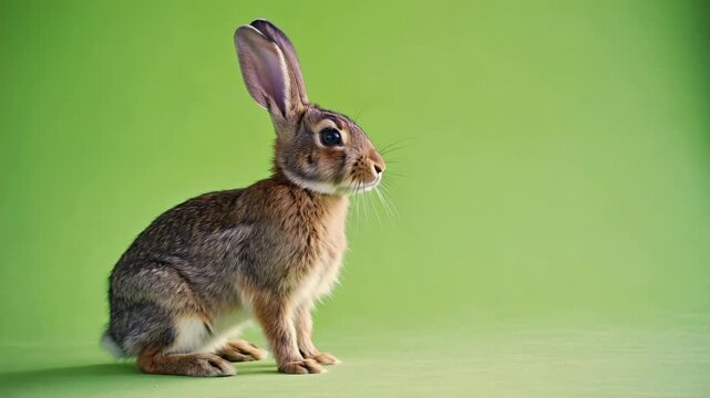 A cute fluffy brown bunny with long ears sits on the green grass in nature, capturing the essence of a small wild animal or pet mammal in a peaceful wildlife setting