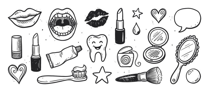 Set of hand-drawn doodle illustrations featuring cosmetics and dental hygiene items like lipstick, a tooth, a toothbrush, a mirror, and a makeup brush in a black and white sketch style