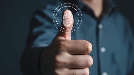 Thumb up gesture with a digital fingerprint scan icon for biometric identity verification and secure access control