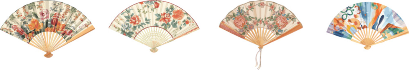 Watercolor  Set Folding Fan Illustration. Isolated on white background