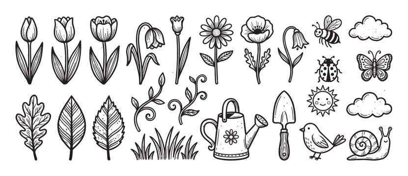 Hand-drawn collection of spring and garden doodles featuring flowers, insects, and tools in a cute black and white line art illustration style