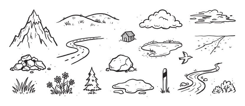 Set of hand-drawn nature landscape elements including a mountain, road, river, clouds, and trees in a simple black and white doodle style for creating custom scenes or maps