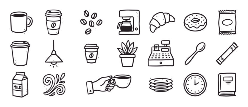 Hand-drawn coffee shop doodle icon set featuring a mug, to-go cup, croissant, donut, coffee maker, and other cafe elements in a simple black and white line art illustration style