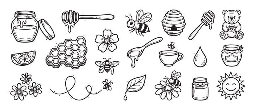 Hand drawn honey and bee doodle icons set in a cute black and white sketch style, featuring a jar, honeycomb, beehive, flower, bear, and other sweet natural food elements