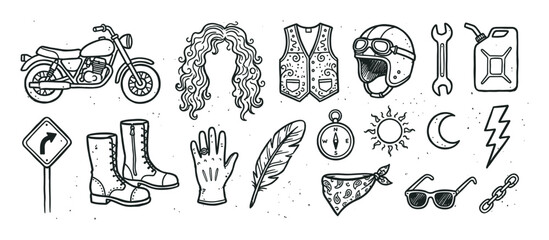 Hand-drawn set of biker icons including a motorcycle, helmet, vest, boots, and other road trip symbols in a vintage monochrome sketch style for adventure and freedom concepts