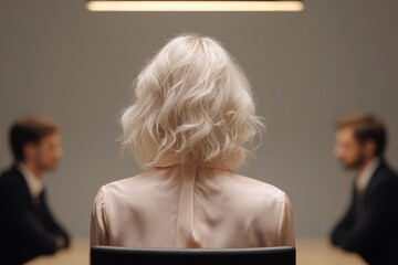 One individual with light hair faces two seated men across a table in a formal setting