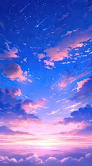 Fototapeta premium Dreamy Pastel Anime Sky Wallpaper: Soft Pink Clouds and Stars at Sunset Backdrop