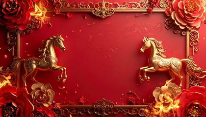 Luxurious red and gold background with two ornate golden horses and floral frame, festive cultural design.