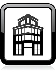 Black and white icon of a building with multiple floors, in a square, framed with a shiny border, reflecting light