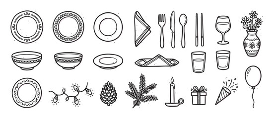 Collection of hand-drawn doodle icons for table setting and holiday party celebrations, including plates, cutlery, glasses, festive decorations, and gifts in a black line art style