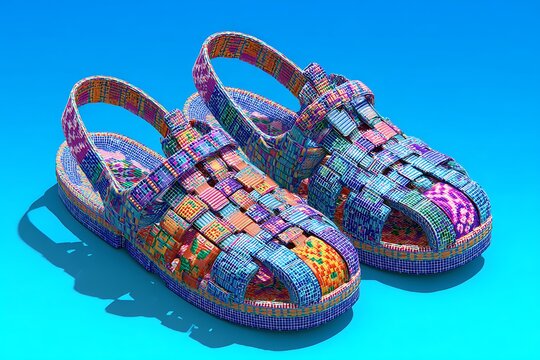 Vibrant multicolored woven huarache style sandals featuring intricate patterns and straps displayed against a bright solid blue background under dramatic lighting