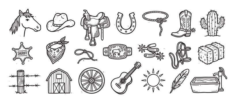 Collection of hand-drawn wild west icons in a monochrome doodle style, featuring a cowboy hat, horse head, saddle, boot, lasso, sheriff badge, and cactus