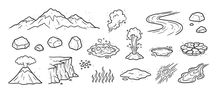 Hand-drawn set of geological and volcanic elements featuring a mountain, erupting volcano, geyser, hot spring, river, and rocks in a simple black and white line art doodle style