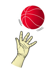 Hand releasing red ball in mid air, illustrating motion, gravity, and physics concept, illustration representing learning, experiment idea, control, freedom, and educational science diagram