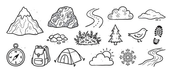 Hand-drawn black and white doodle icon set of hiking, camping, and nature elements featuring a mountain, tent, compass, backpack, and other outdoor adventure symbols