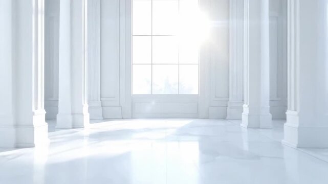 Bright and spacious hall with white marble floors and classical architectural details.