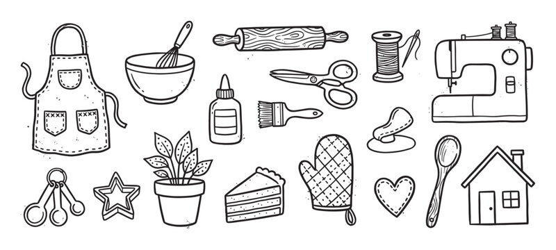Hand-drawn doodle icon set of domestic items including a sewing machine, apron, rolling pin, cake, and crafting tools for homemaking and hobby concepts