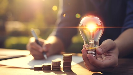 Investment in Innovation and Creative Business Ideas with Glowing Light Bulb and Stacks of Gold Coins