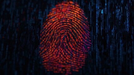 A vibrant fingerprint illuminated amidst a backdrop of binary code, symbolizing digital identity and security.
