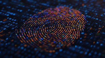 A colorful, digital representation of a fingerprint, surrounded by binary code, symbolizing technology and cybersecurity.