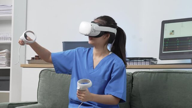 Smiling doctor wearing virtual reality headset explores immersive medical simulation, raising hands during interactive digital healthcare training, showcasing innovative technology, futuristic