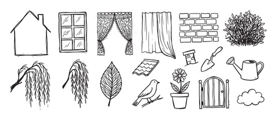 Collection of hand-drawn black ink doodles depicting home and garden elements like a house, window, curtain, bird, flower, watering can, and tree branch in a charming, simple sketch style