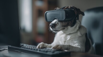 A dog wearing a virtual reality headset sits at a computer keyboard, showcasing a playful take on technology and pets.
