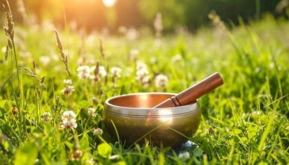 A close-up shot of a singing bowl and its wooden mallet resting on lush green grass in a sun-drenched field