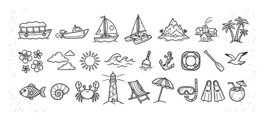 Big collection of hand-drawn doodle icons for summer vacation and tropical beach themes, including a boat, lighthouse, palm trees, crab, sun, and various nautical symbols