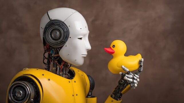 A futuristic robot gently holds a yellow rubber duck, showcasing a blend of technology and playfulness.