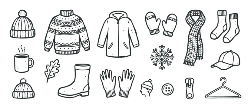 Hand-drawn black and white doodle set of winter and autumn clothing items, including a cozy sweater, warm jacket, beanie, scarf, mittens, and boots in a simple sketch style