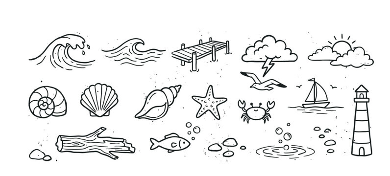 Collection of hand-drawn nautical icons featuring a lighthouse, seashell, wave, sailboat, and crab in a simple black and white doodle style for marine and beach themes